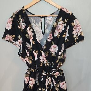 LuLaRoe Plus Size 3X Black Pink Floral Wrap Style Belted Wide Leg Jumpsuit